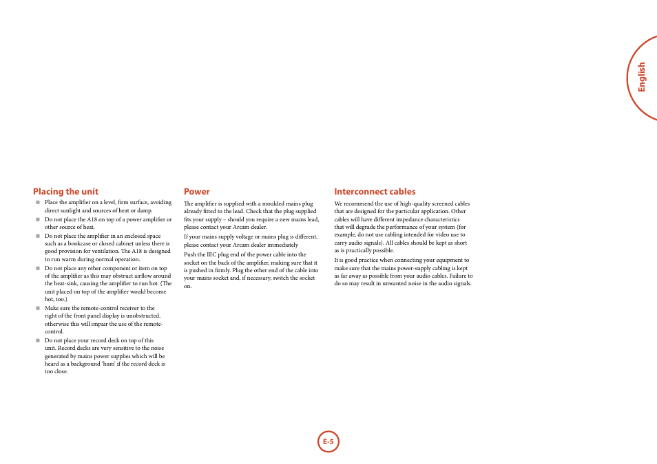 English placing the unit, Power, Interconnect cables | Arcam FMJ A18 User Manual | Page 5 / 13