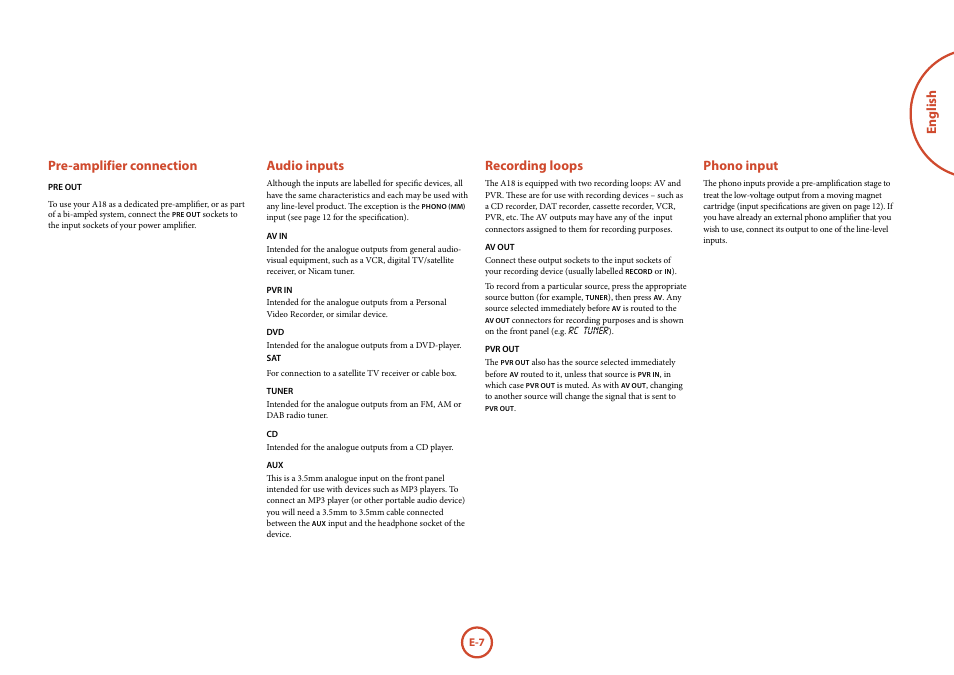 English pre-amplifier connection, Audio inputs, Recording loops | Phono input | Arcam FMJ A18 User Manual | Page 7 / 13