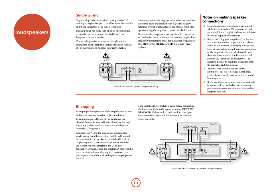 Loudspeakers, Single wiring, Bi-amping | Arcam FMJ A18 User Manual | Page 8 / 13