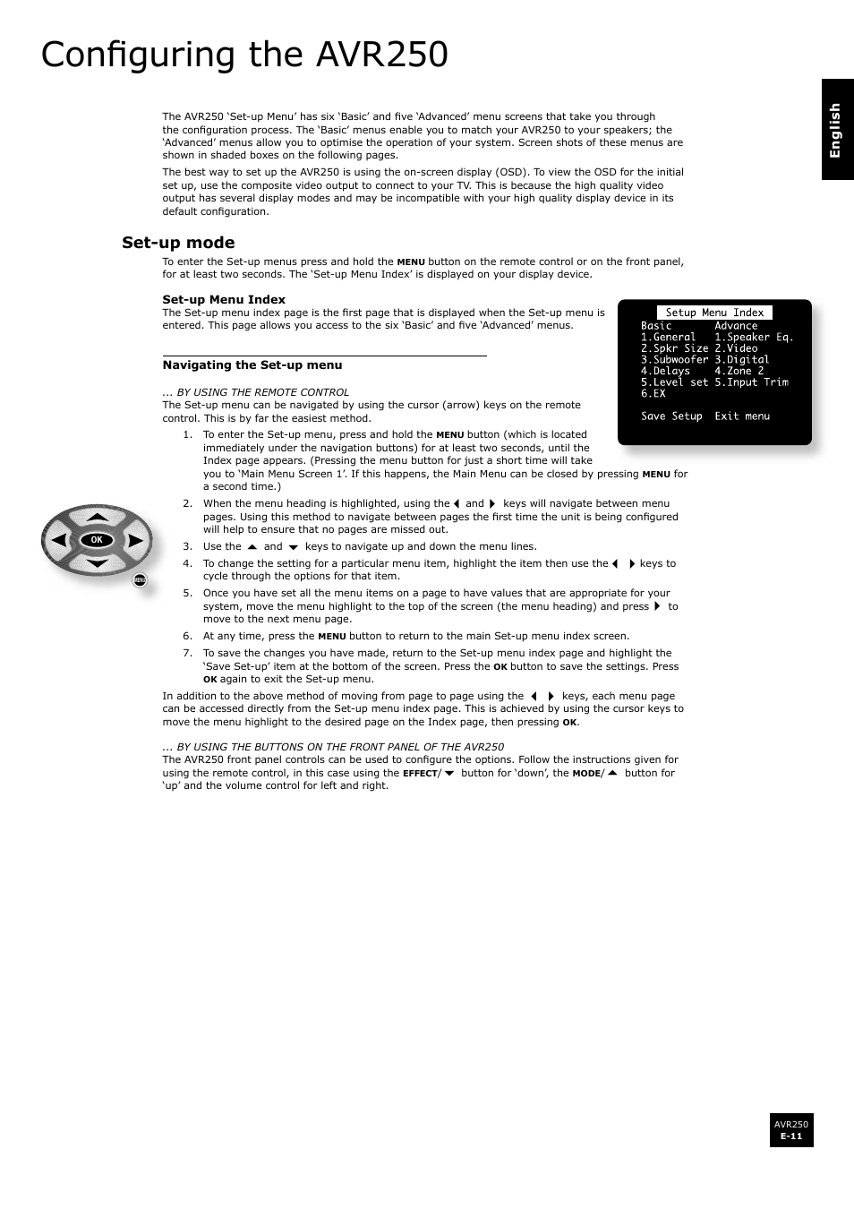 Confi guring the avr250, Set-up mode | Arcam AVR250 User Manual | Page 11 / 44