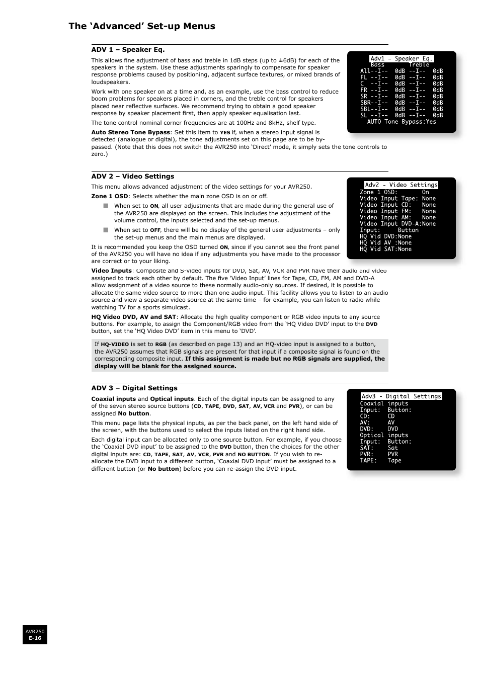 The ‘advanced’ set-up menus | Arcam AVR250 User Manual | Page 16 / 44