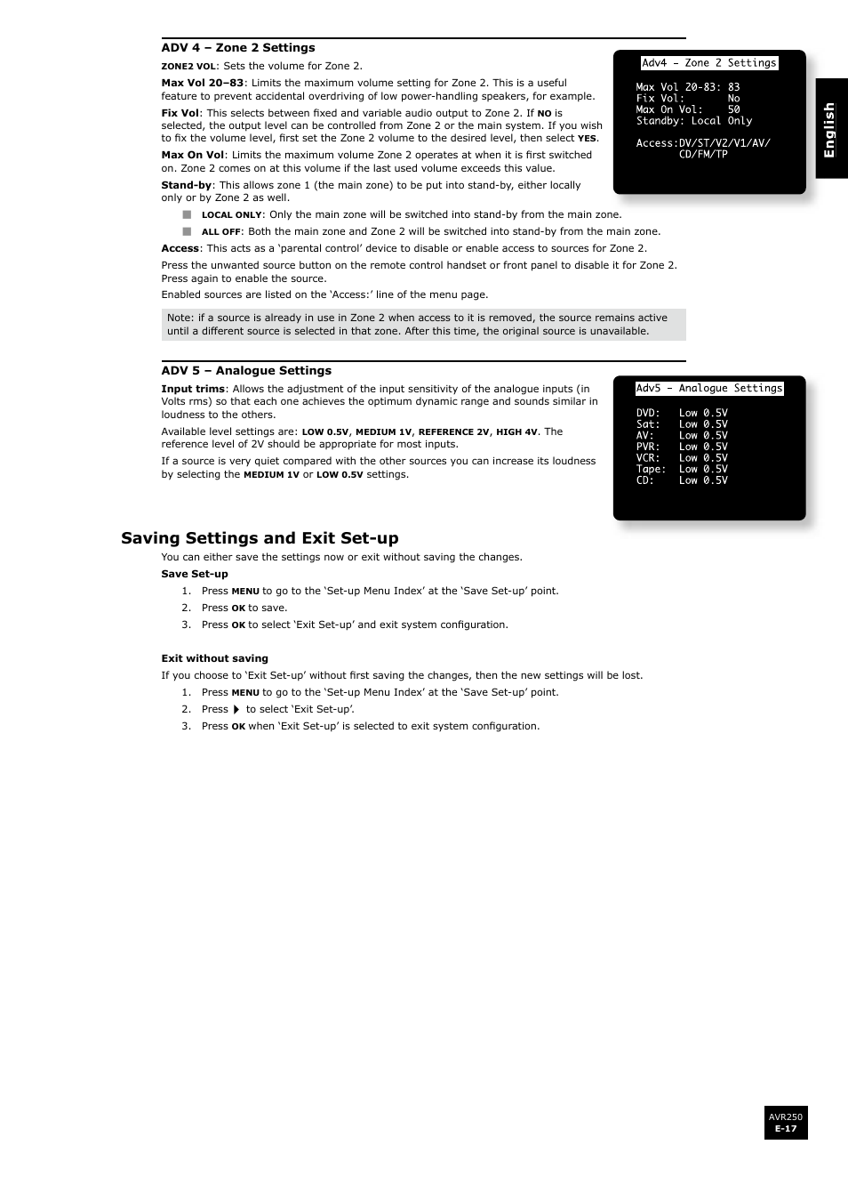 Saving settings and exit set-up | Arcam AVR250 User Manual | Page 17 / 44