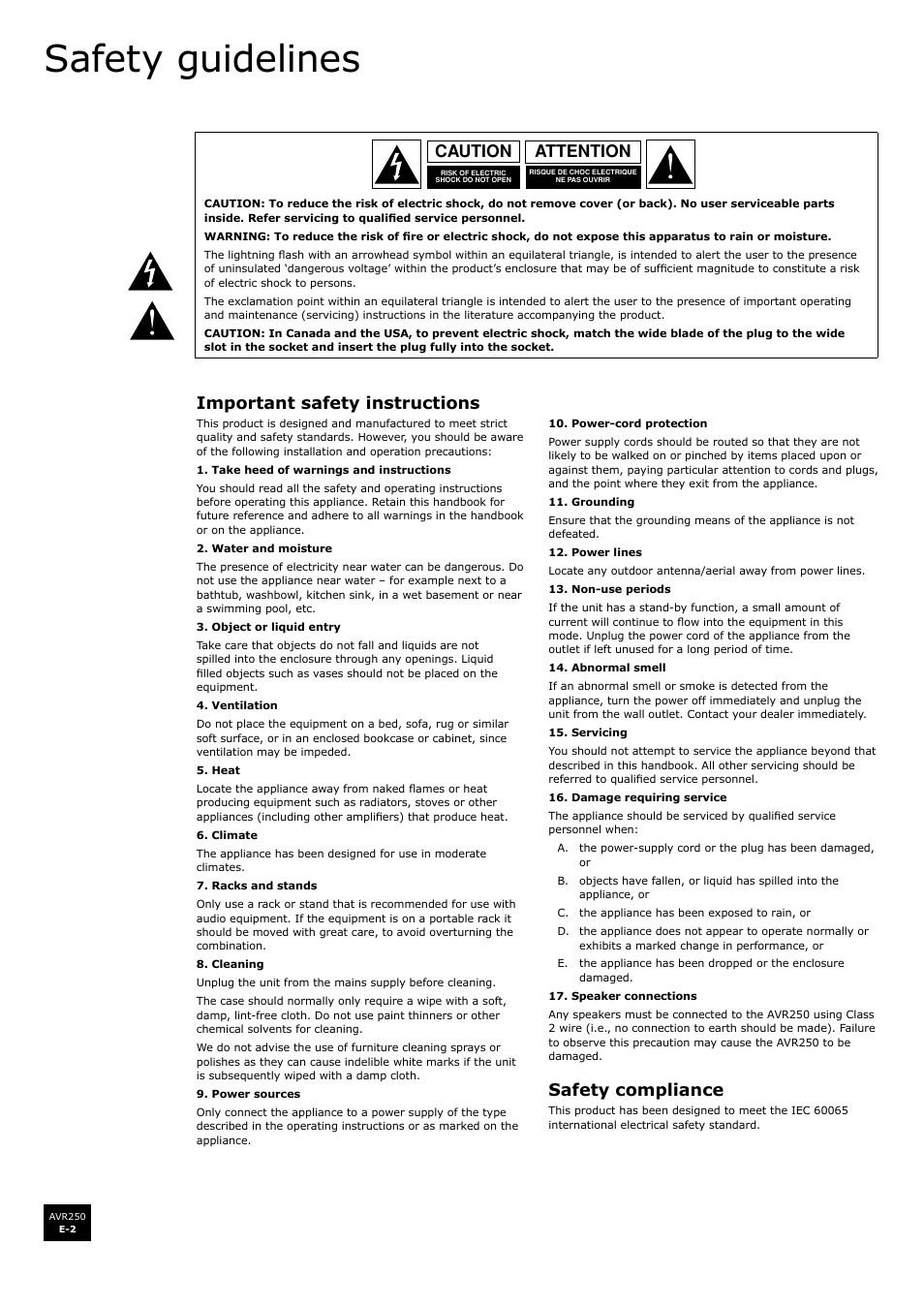 Safety guidelines, Attention caution, Important safety instructions | Safety compliance | Arcam AVR250 User Manual | Page 2 / 44