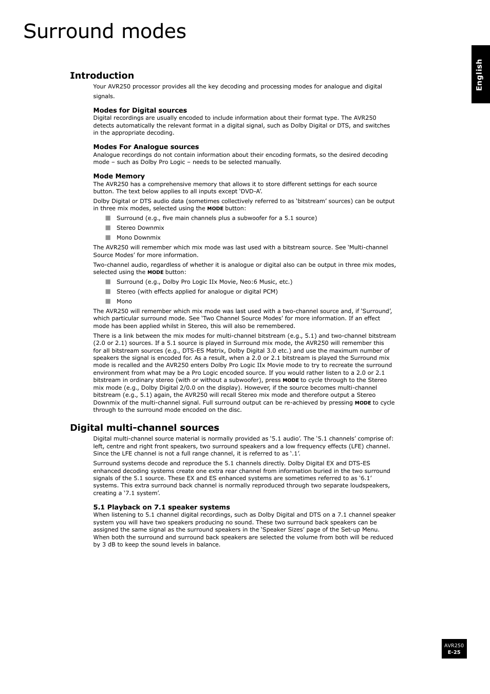 Surround modes, Introduction, Digital multi-channel sources | Arcam AVR250 User Manual | Page 25 / 44