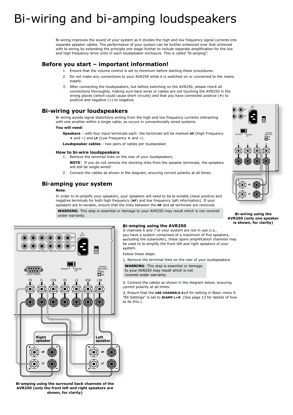 Bi-wiring and bi-amping loudspeakers, Before you start – important information, Bi-wiring your loudspeakers | Bi-amping your system, En g li s h | Arcam AVR250 User Manual | Page 28 / 44