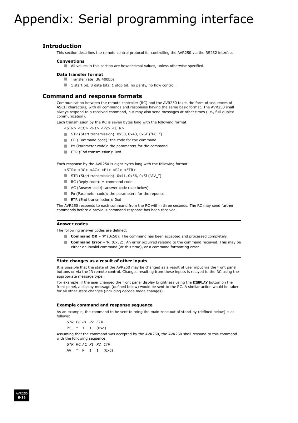 Appendix: serial programming interface, Introduction, Command and response formats | Arcam AVR250 User Manual | Page 36 / 44