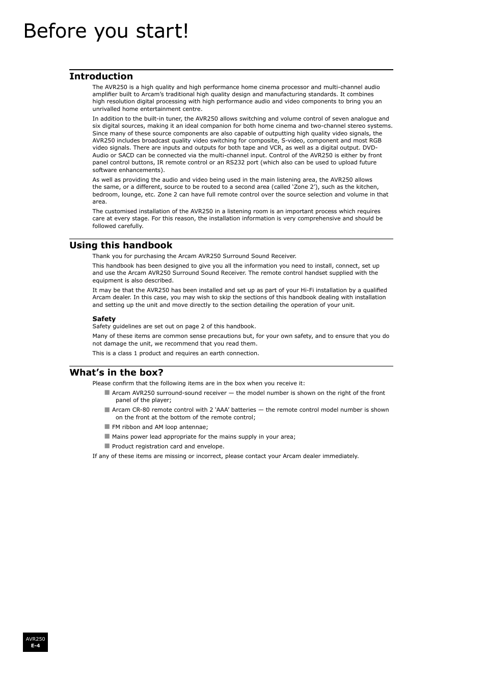 Before you start, Introduction, Using this handbook | What’s in the box | Arcam AVR250 User Manual | Page 4 / 44