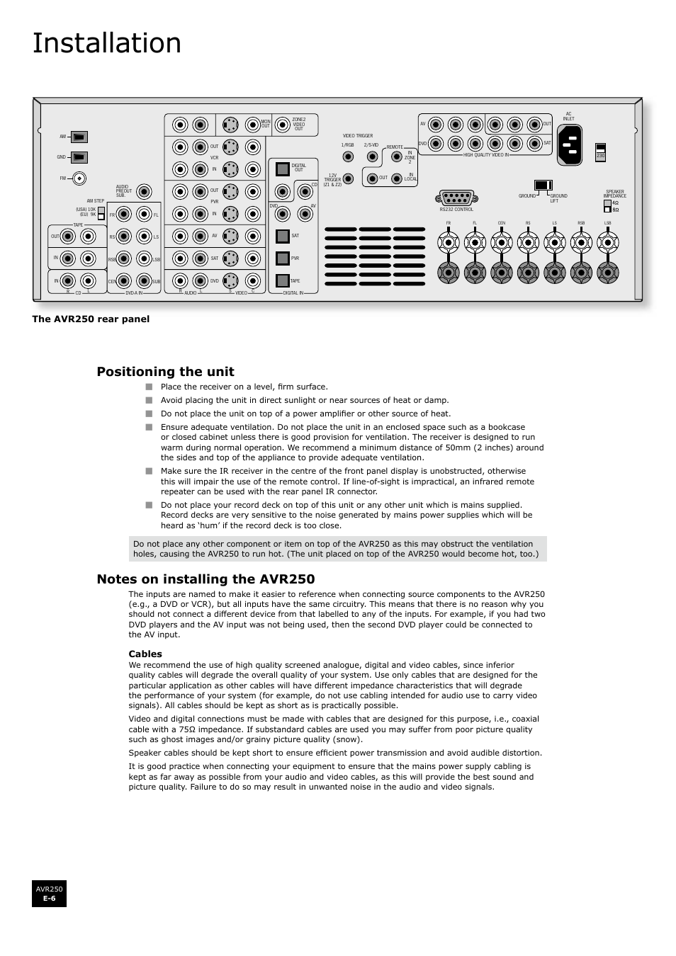 Installation, Positioning the unit, En g li s h | Cables, The avr250 rear panel | Arcam AVR250 User Manual | Page 6 / 44