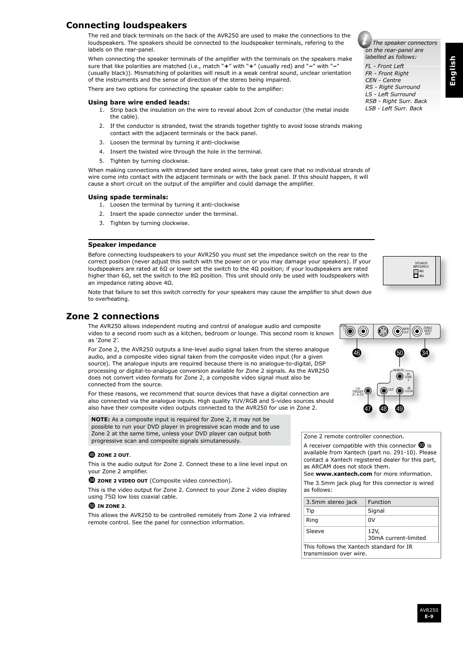 Connecting loudspeakers, Zone 2 connections | Arcam AVR250 User Manual | Page 9 / 44