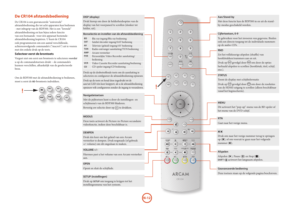 De cr104 afstandsbediening, N-12 | Arcam HANDBOOK Blu-ray Disc player BDP300 User Manual | Page 112 / 206