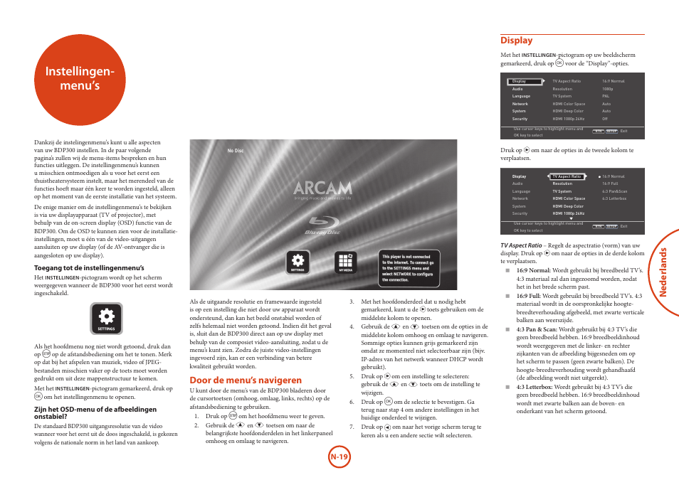 Instellingen- menu’s, Neder lands, Door de menu’s navigeren | Display | Arcam HANDBOOK Blu-ray Disc player BDP300 User Manual | Page 119 / 206