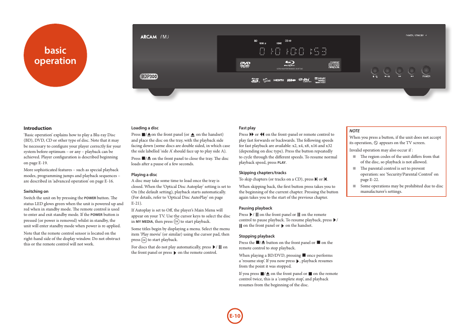 Basic operation | Arcam HANDBOOK Blu-ray Disc player BDP300 User Manual | Page 12 / 206