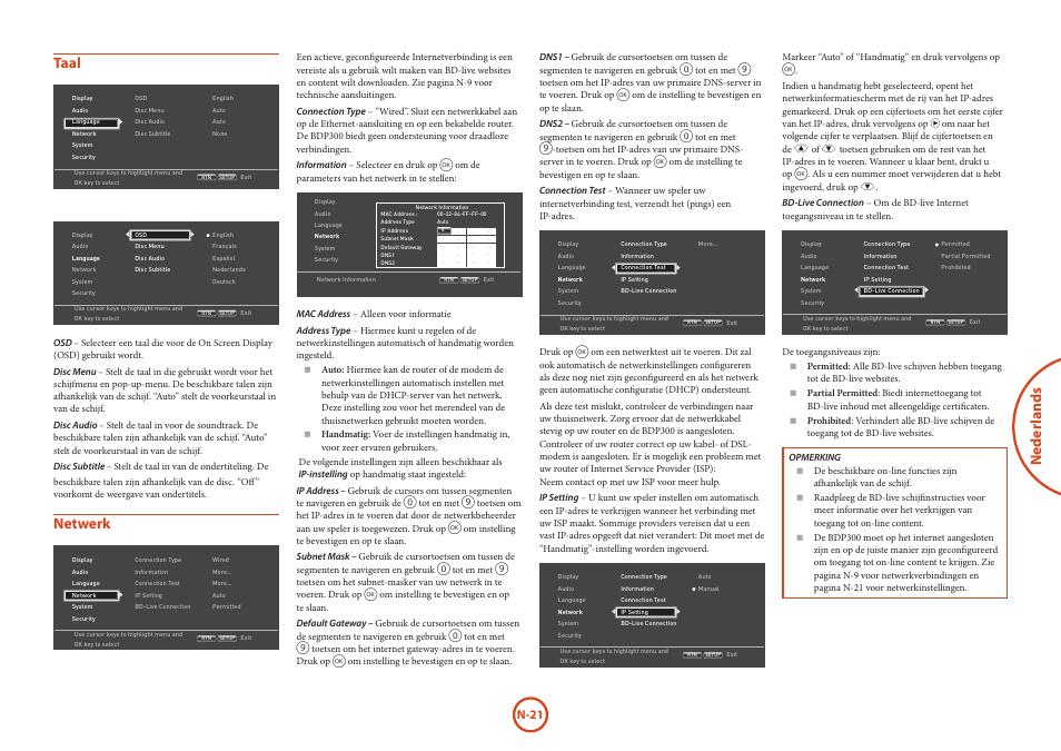 Neder lands, Taal, Netwerk | Arcam HANDBOOK Blu-ray Disc player BDP300 User Manual | Page 121 / 206