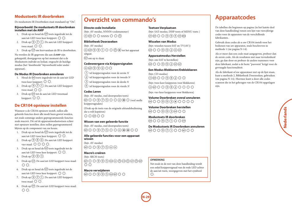 Apparaatcodes, Overzicht van commando’s, Neder lands | Modustoets ir doorbreken, De cr104 opnieuw instellen | Arcam HANDBOOK Blu-ray Disc player BDP300 User Manual | Page 129 / 206