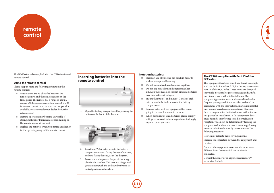 Remote control, English, Inserting batteries into the remote control | Arcam HANDBOOK Blu-ray Disc player BDP300 User Manual | Page 13 / 206