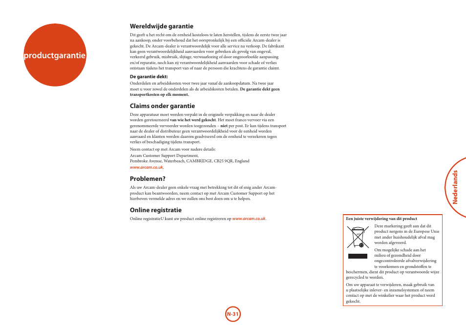 Productgarantie | Arcam HANDBOOK Blu-ray Disc player BDP300 User Manual | Page 131 / 206