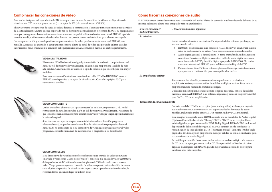 Cómo hacer las conexiones de video, Cómo hacer las conexiones de audio | Arcam HANDBOOK Blu-ray Disc player BDP300 User Manual | Page 138 / 206