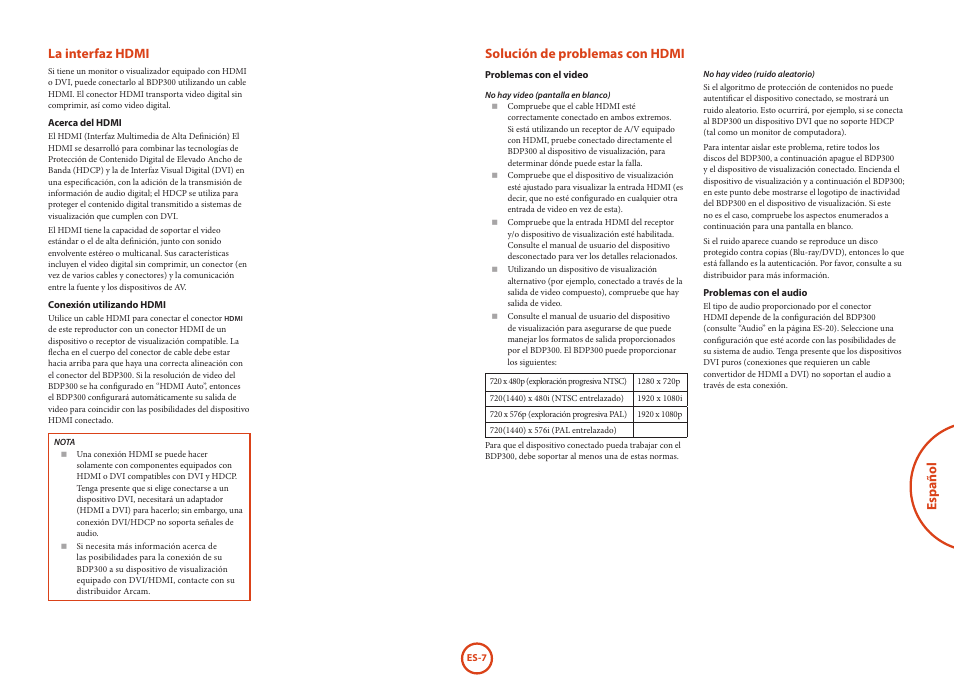 Español la interfaz hdmi, Solución de problemas con hdmi | Arcam HANDBOOK Blu-ray Disc player BDP300 User Manual | Page 139 / 206