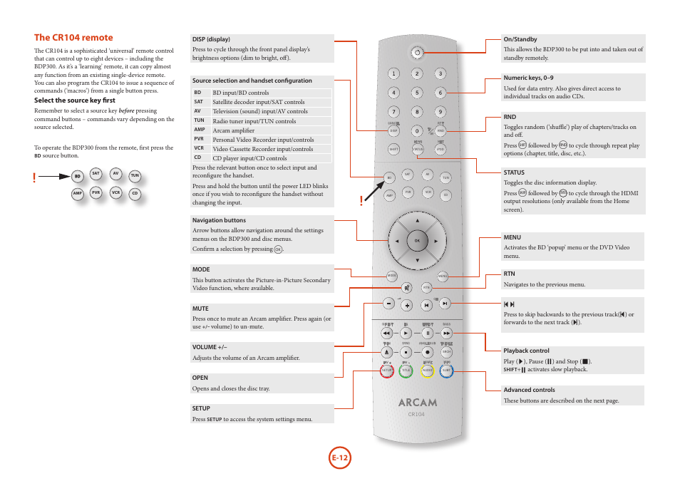 Remote control, The cr104 remote, E-12 | Arcam HANDBOOK Blu-ray Disc player BDP300 User Manual | Page 14 / 206