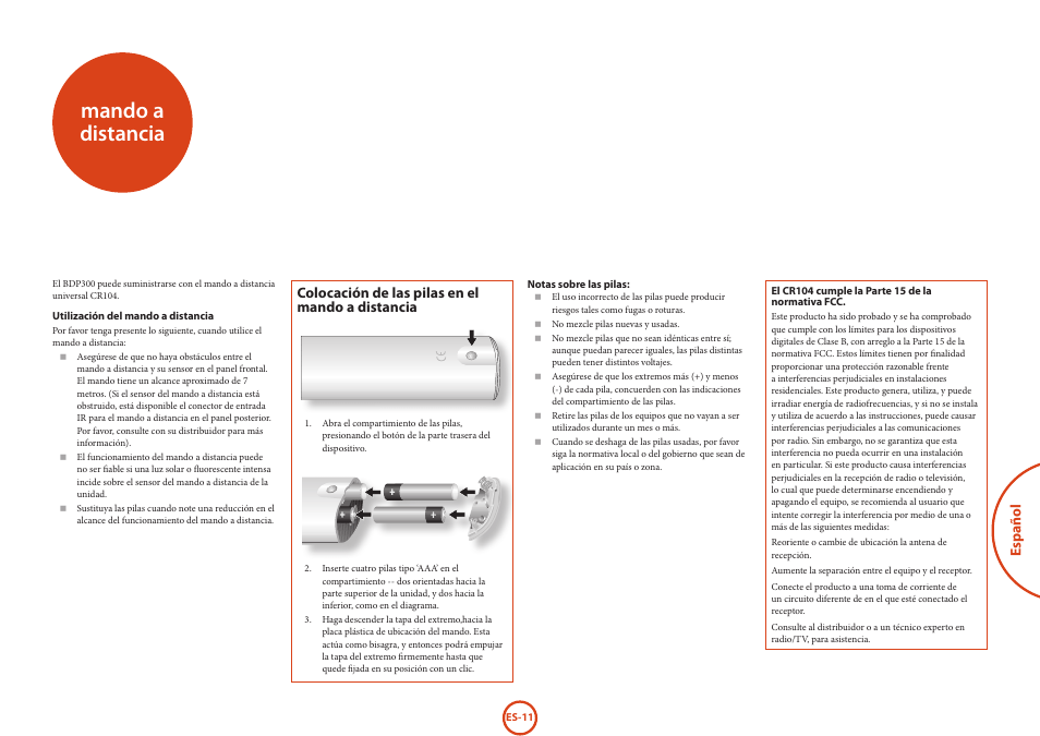 Mando a distancia, Español, Colocación de las pilas en el mando a distancia | Arcam HANDBOOK Blu-ray Disc player BDP300 User Manual | Page 143 / 206