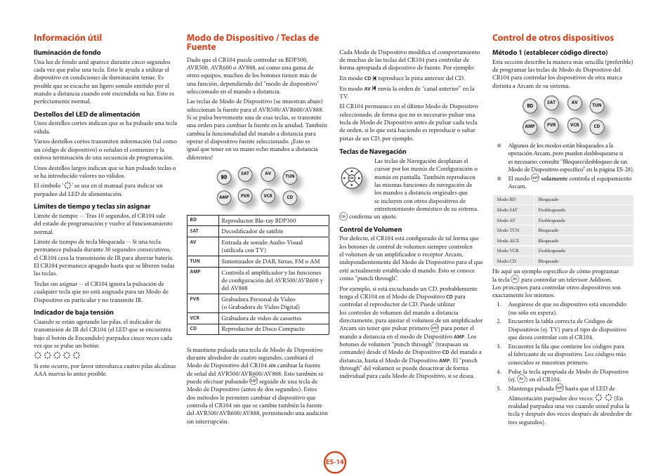 Información útil, Modo de dispositivo / teclas de fuente, Control de otros dispositivos | Arcam HANDBOOK Blu-ray Disc player BDP300 User Manual | Page 146 / 206