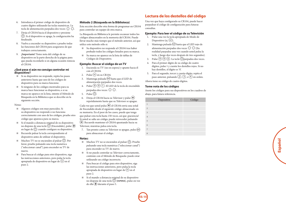 Español, Lectura de los destellos del código | Arcam HANDBOOK Blu-ray Disc player BDP300 User Manual | Page 147 / 206
