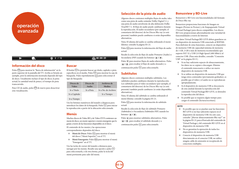 Operación avanzada, Bonusview y bd-live, Información del disco | Buscar, Menús, Selección de la pista de audio, Subtítulos | Arcam HANDBOOK Blu-ray Disc player BDP300 User Manual | Page 148 / 206