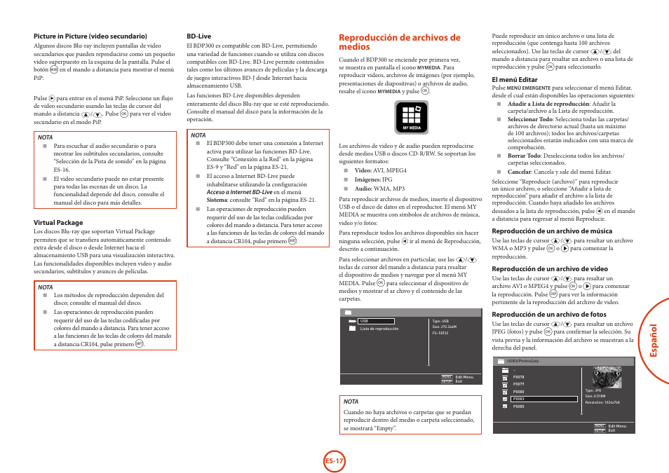 Español, Reproducción de archivos de medios | Arcam HANDBOOK Blu-ray Disc player BDP300 User Manual | Page 149 / 206