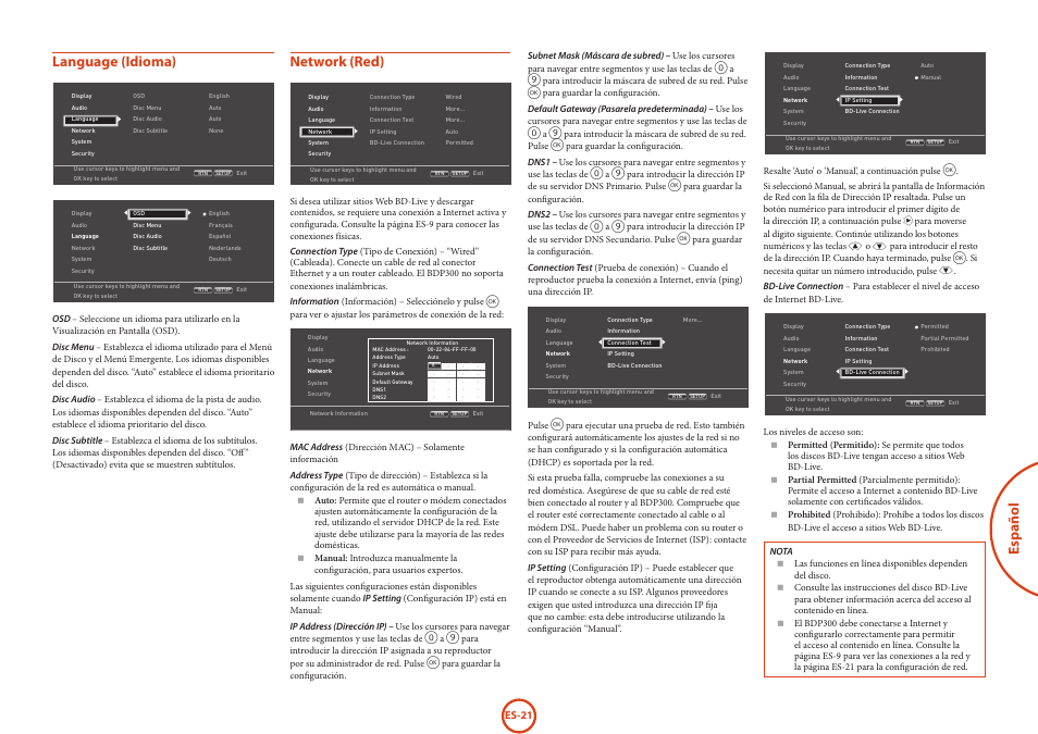 Español language (idioma), Network (red) | Arcam HANDBOOK Blu-ray Disc player BDP300 User Manual | Page 153 / 206