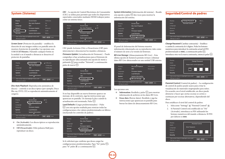 System (sistema), Seguridad/control de padres | Arcam HANDBOOK Blu-ray Disc player BDP300 User Manual | Page 154 / 206