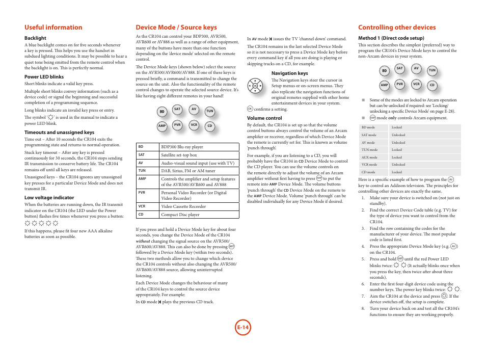 Useful information, Device mode / source keys, Controlling other devices | Arcam HANDBOOK Blu-ray Disc player BDP300 User Manual | Page 16 / 206