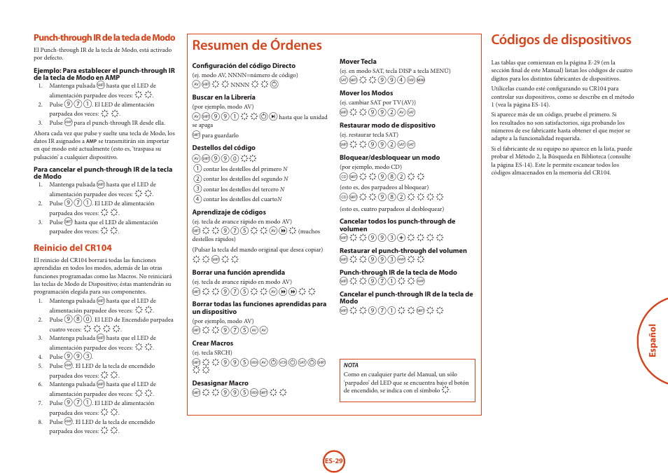 Códigos de dispositivos, Resumen de órdenes, Español | Punch-through ir de la tecla de modo, Reinicio del cr104 | Arcam HANDBOOK Blu-ray Disc player BDP300 User Manual | Page 161 / 206