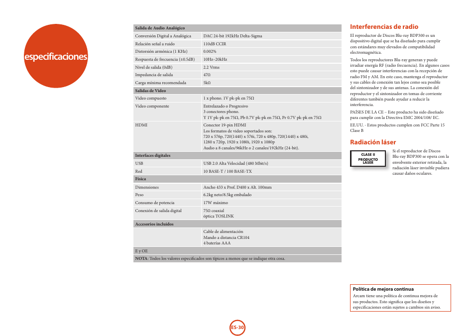 Especificaciones, Interferencias de radio, Radiación láser | Arcam HANDBOOK Blu-ray Disc player BDP300 User Manual | Page 162 / 206