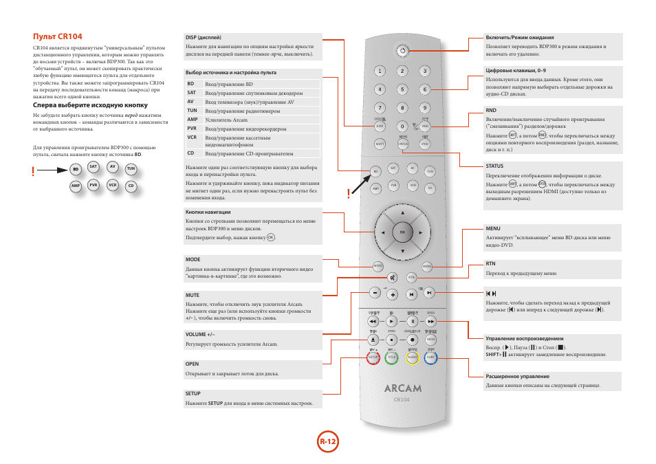 Пульт cr104, R-12, Сперва выберите исходную кнопку | Arcam HANDBOOK Blu-ray Disc player BDP300 User Manual | Page 176 / 206