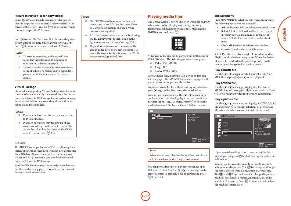 English, Playing media files | Arcam HANDBOOK Blu-ray Disc player BDP300 User Manual | Page 19 / 206