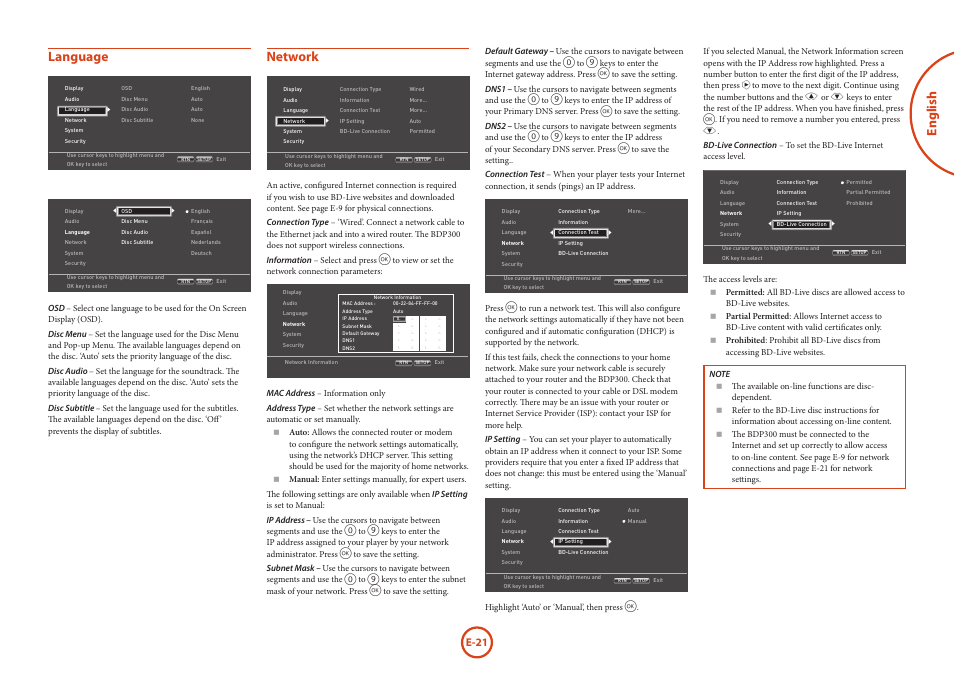 English language, Network, E-21 | Arcam HANDBOOK Blu-ray Disc player BDP300 User Manual | Page 23 / 206