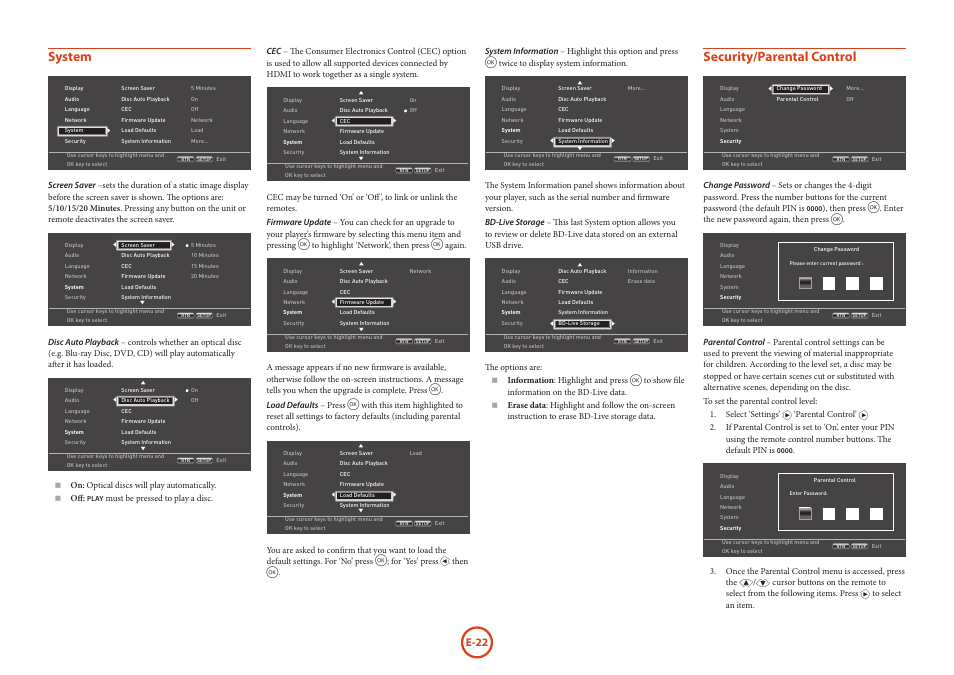 System, Security/parental control, E-22 | Arcam HANDBOOK Blu-ray Disc player BDP300 User Manual | Page 24 / 206