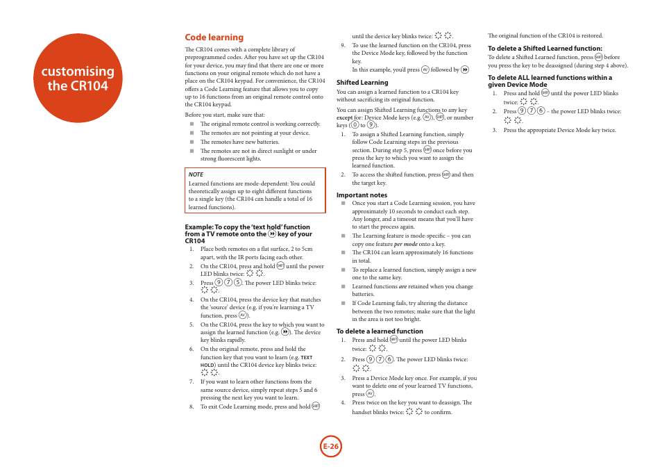 Customising the cr104, Code learning | Arcam HANDBOOK Blu-ray Disc player BDP300 User Manual | Page 28 / 206