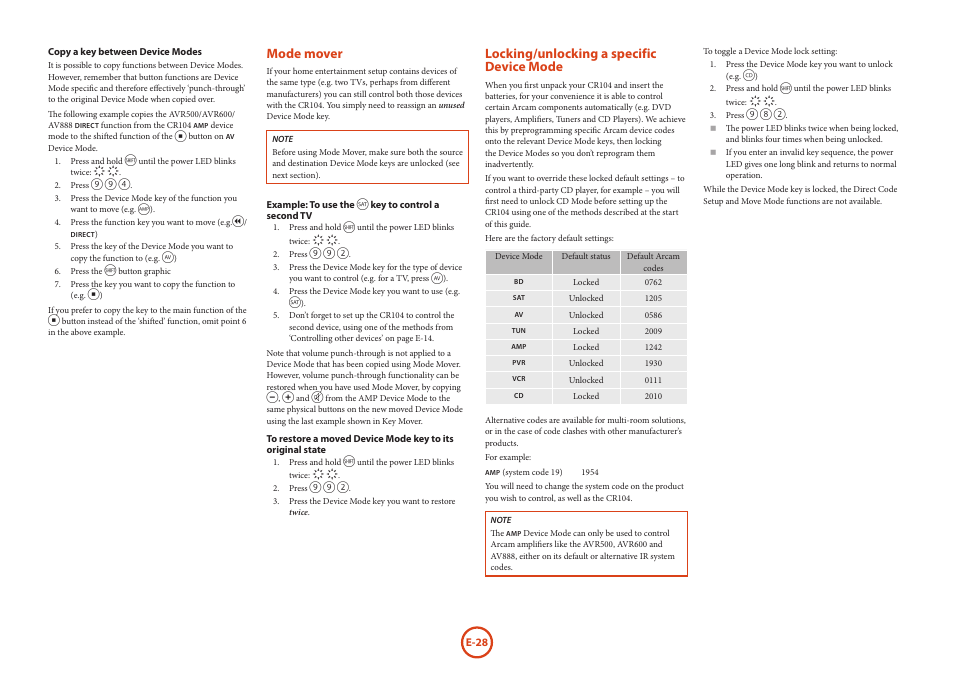 Mode mover, Locking/unlocking a specific device mode | Arcam HANDBOOK Blu-ray Disc player BDP300 User Manual | Page 30 / 206