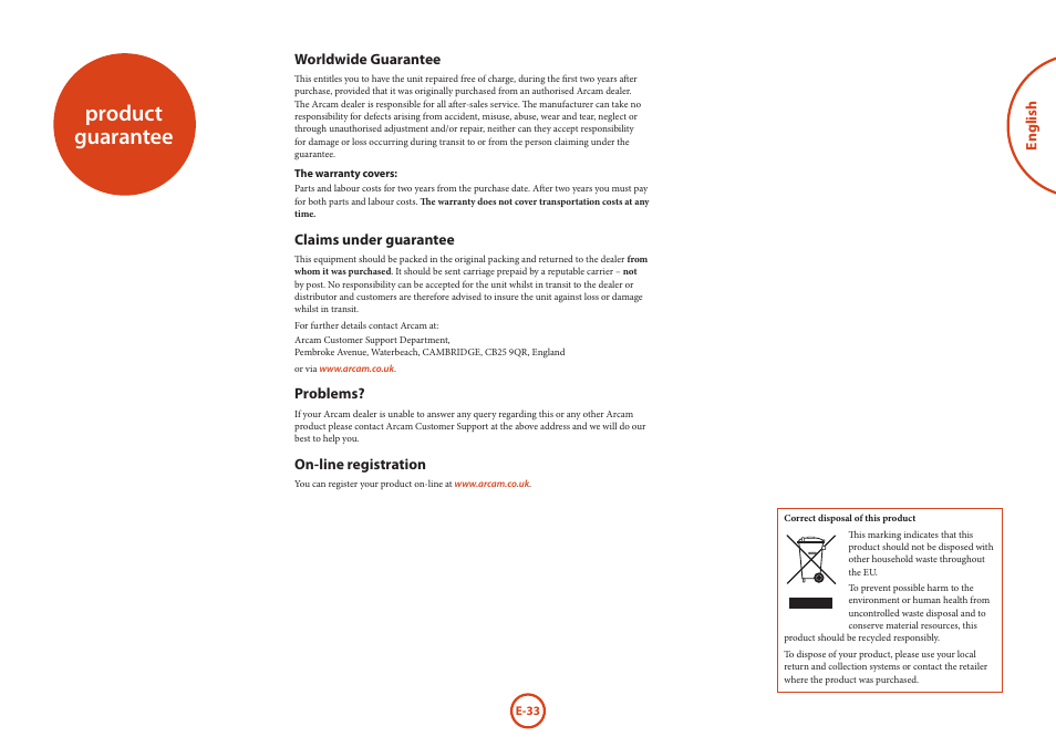 Product guarantee | Arcam HANDBOOK Blu-ray Disc player BDP300 User Manual | Page 35 / 206