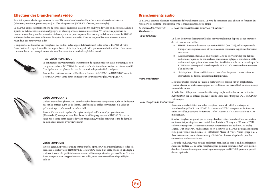Effectuer des branchements vidéo, Branchements audio | Arcam HANDBOOK Blu-ray Disc player BDP300 User Manual | Page 42 / 206