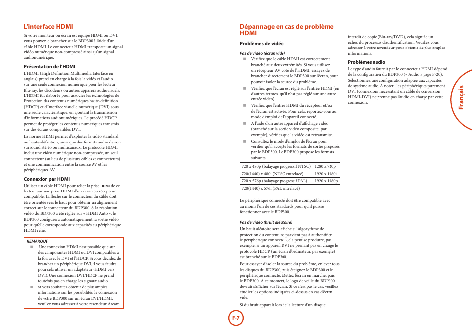 Fr anç ais, L’interface hdmi, Dépannage en cas de problème hdmi | Arcam HANDBOOK Blu-ray Disc player BDP300 User Manual | Page 43 / 206