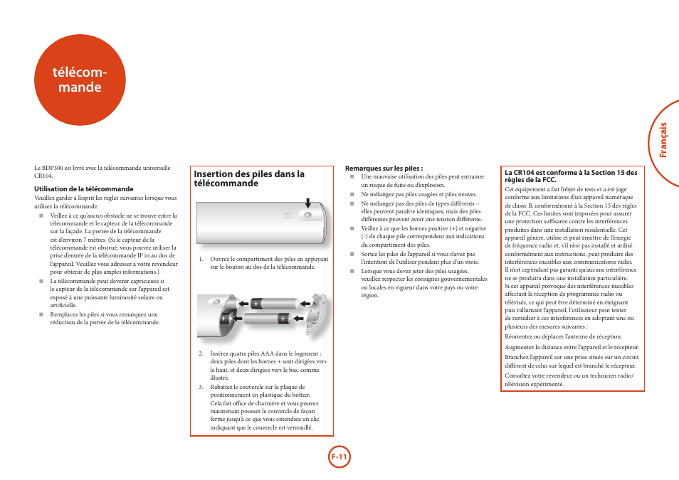 Télécom- mande, Fr anç ais, Insertion des piles dans la télécommande | Arcam HANDBOOK Blu-ray Disc player BDP300 User Manual | Page 47 / 206