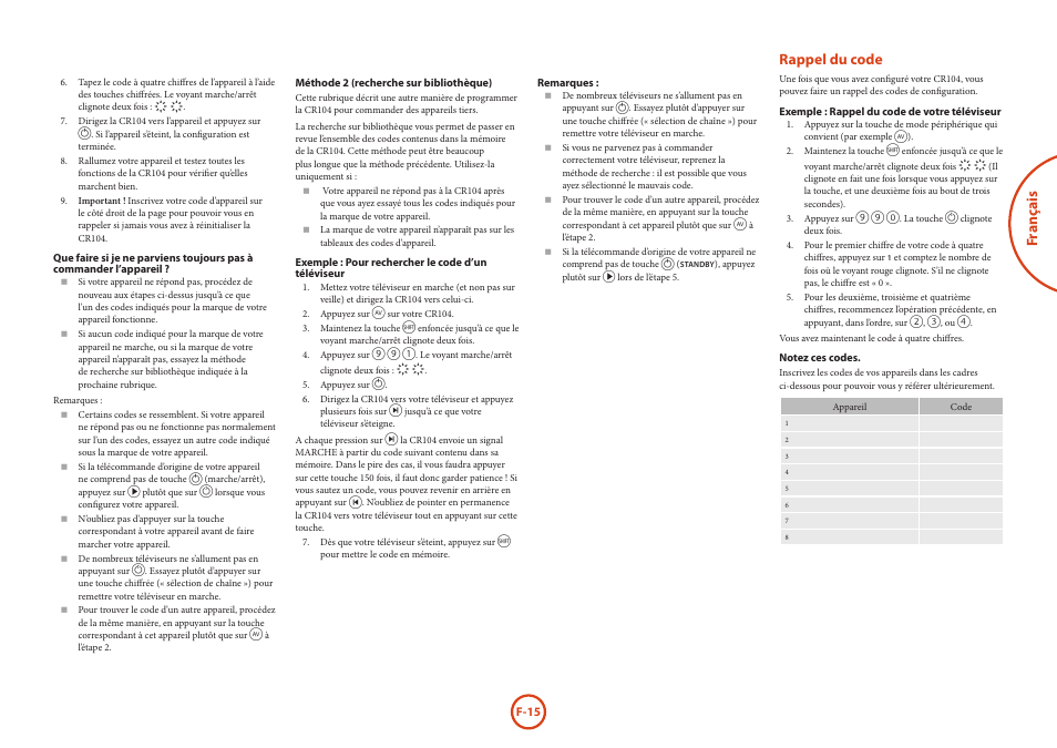 Fr anç ais, Rappel du code | Arcam HANDBOOK Blu-ray Disc player BDP300 User Manual | Page 51 / 206