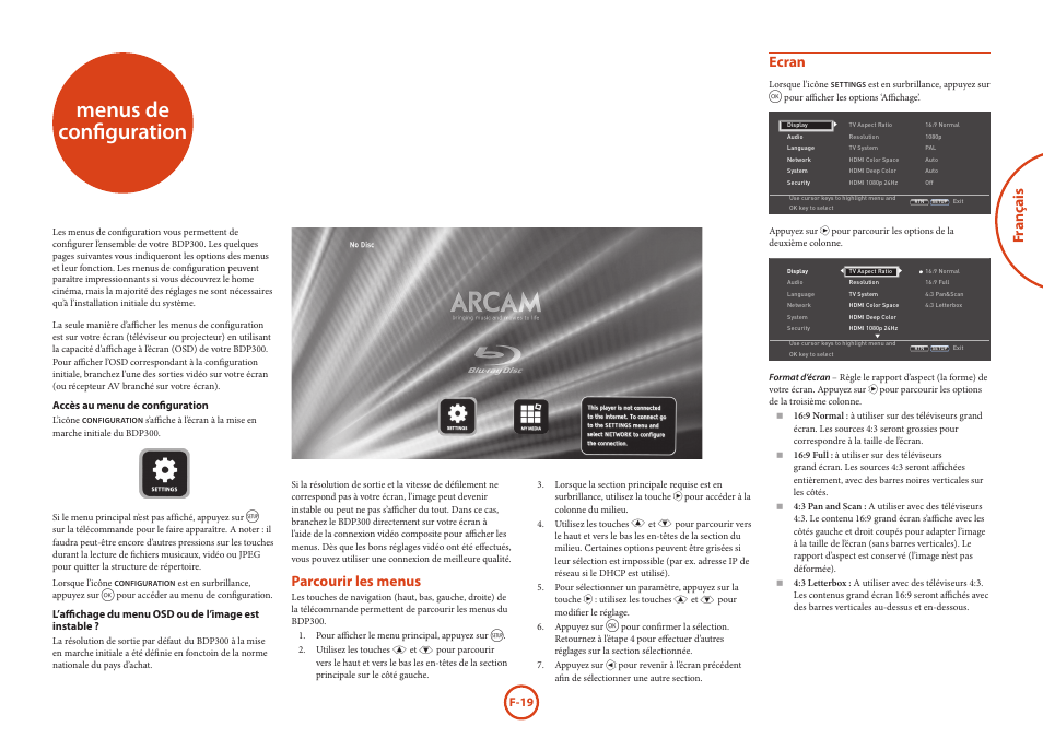 Menus de configuration, Fr anç ais, Parcourir les menus | Ecran | Arcam HANDBOOK Blu-ray Disc player BDP300 User Manual | Page 55 / 206