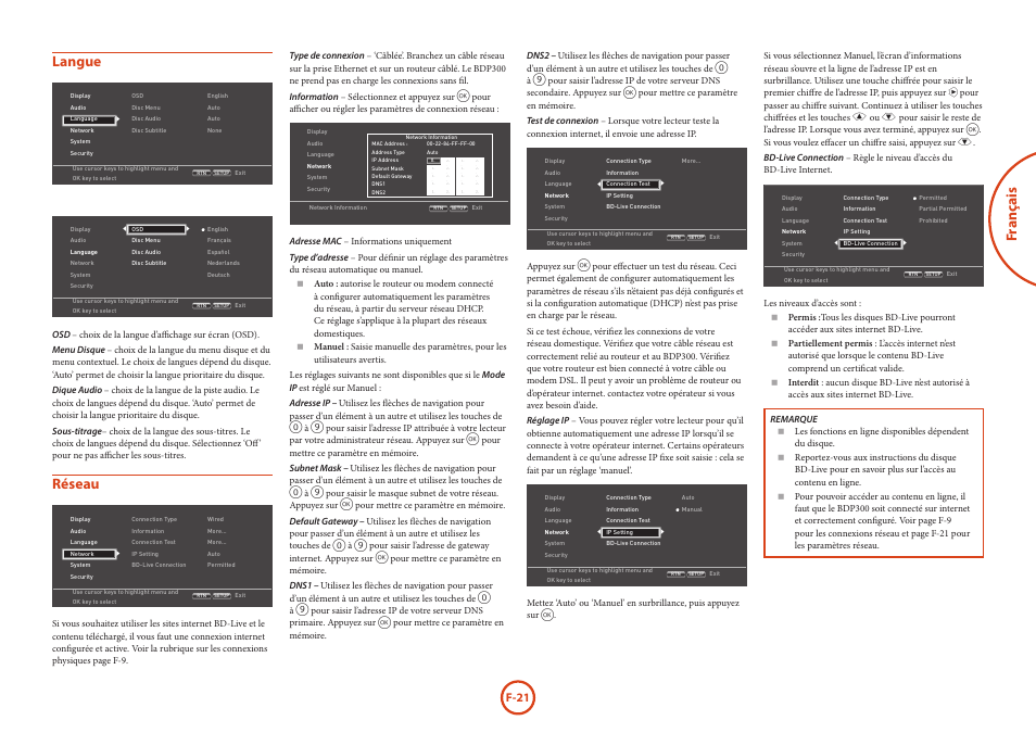 Fr anç ais, Langue, Réseau | Arcam HANDBOOK Blu-ray Disc player BDP300 User Manual | Page 57 / 206