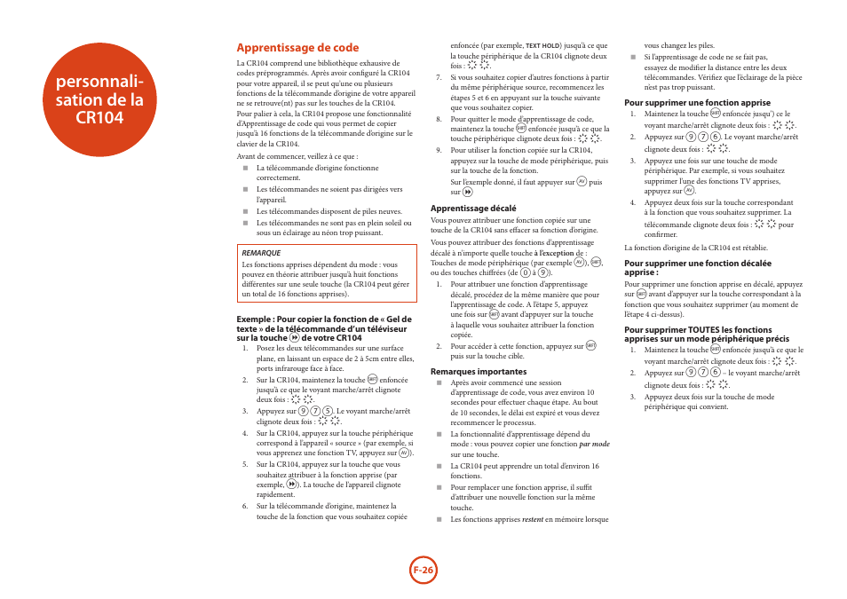 Personnali- sation de la cr104, Apprentissage de code | Arcam HANDBOOK Blu-ray Disc player BDP300 User Manual | Page 62 / 206