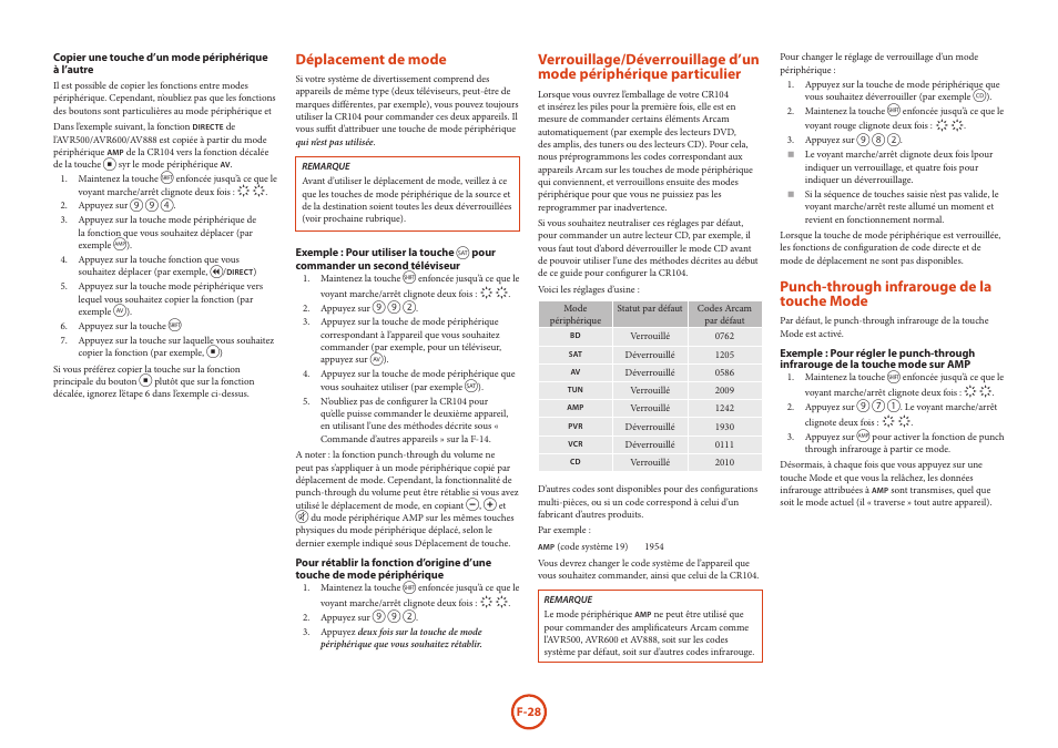 Déplacement de mode, Punch-through infrarouge de la touche mode | Arcam HANDBOOK Blu-ray Disc player BDP300 User Manual | Page 64 / 206