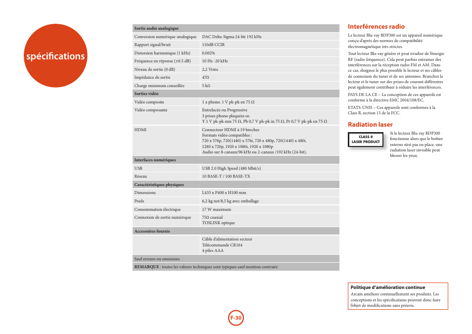 Spécifications, Interférences radio, Radiation laser | Arcam HANDBOOK Blu-ray Disc player BDP300 User Manual | Page 66 / 206