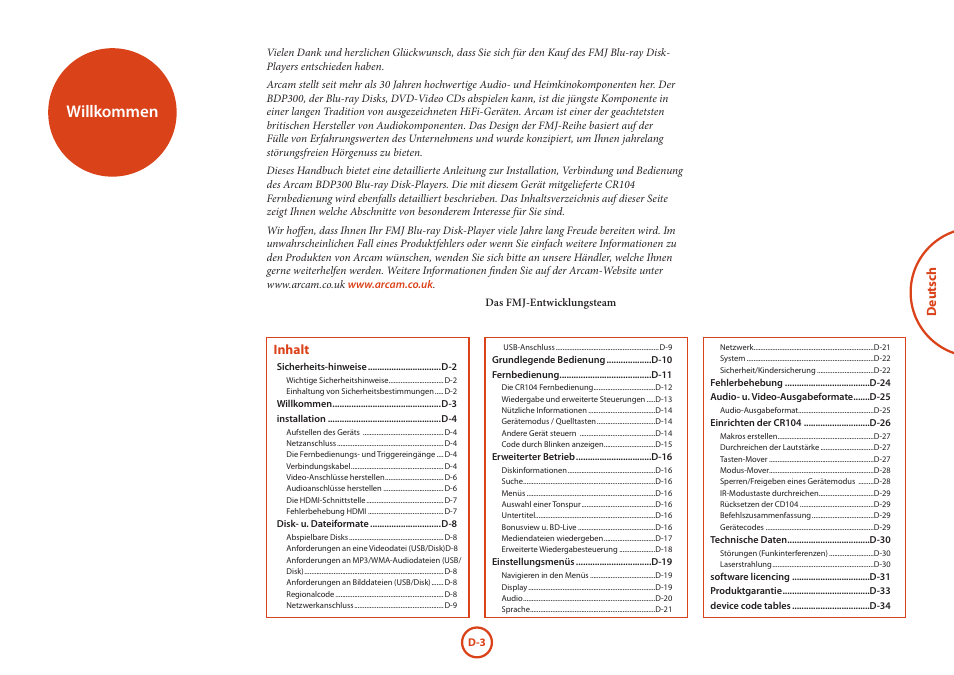 Willkommen | Arcam HANDBOOK Blu-ray Disc player BDP300 User Manual | Page 71 / 206